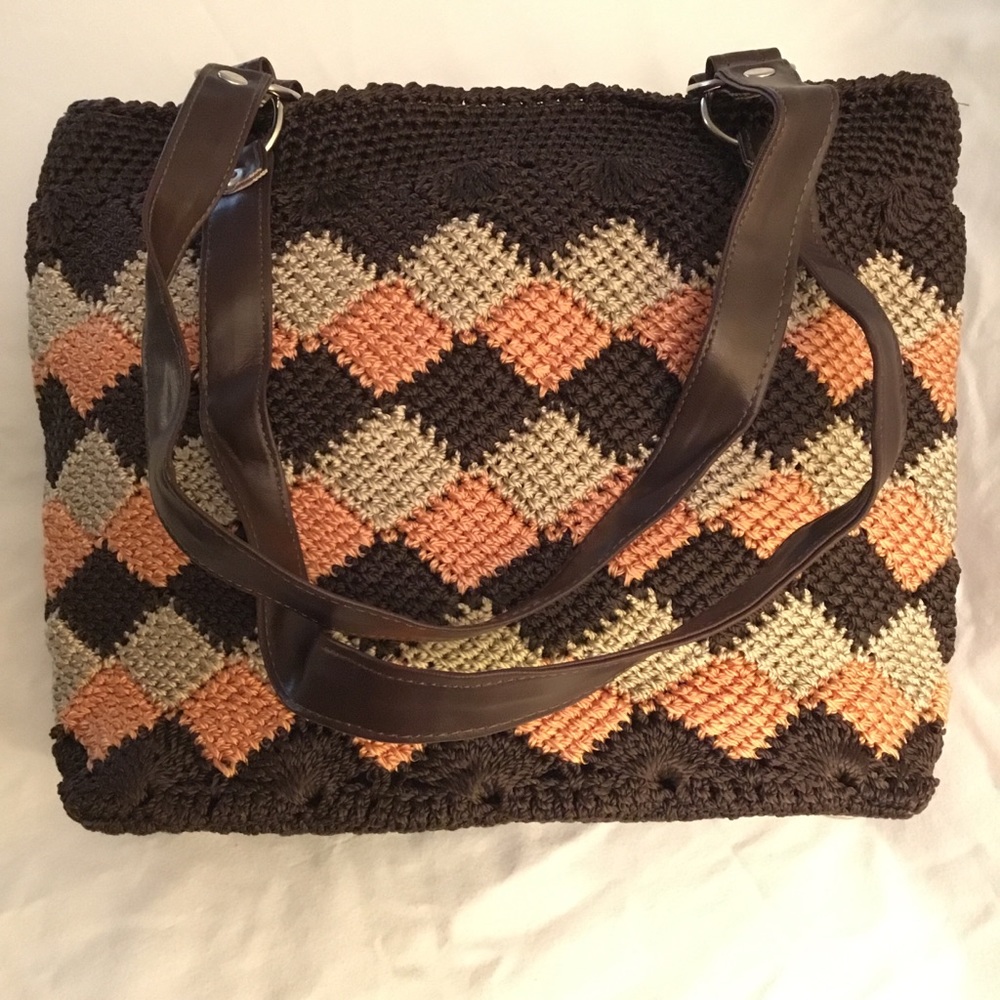 Brown And Peach Diamond Artisan Handbag